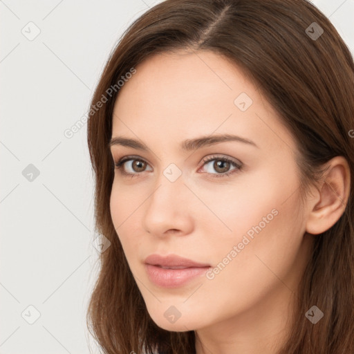 Neutral white young-adult female with long  brown hair and brown eyes