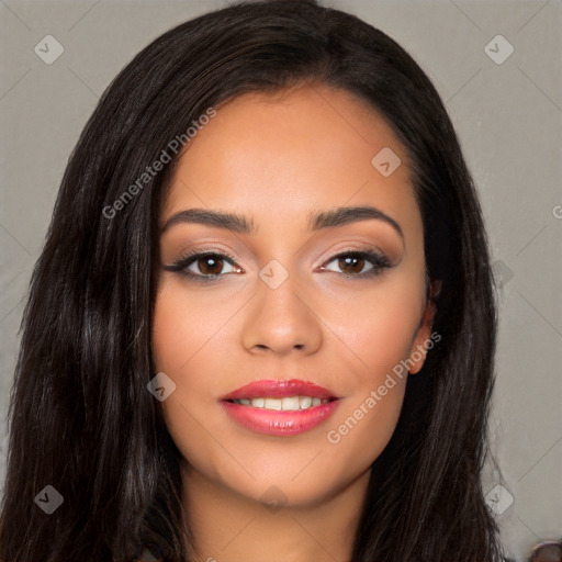 Joyful latino young-adult female with long  black hair and brown eyes