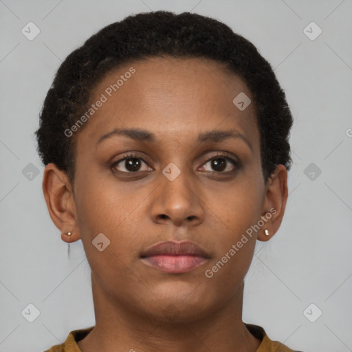 Neutral black young-adult female with short  brown hair and brown eyes