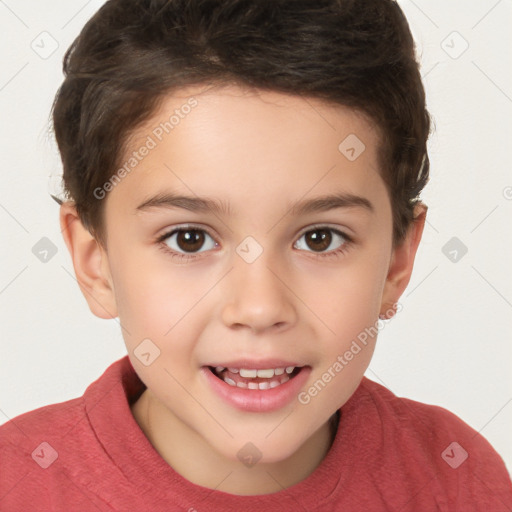 Joyful white child female with short  brown hair and brown eyes