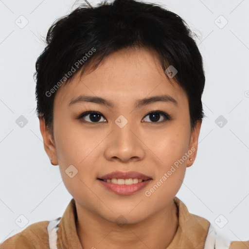 Joyful asian young-adult female with short  brown hair and brown eyes