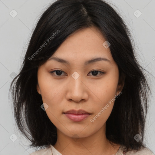 Neutral asian young-adult female with medium  brown hair and brown eyes