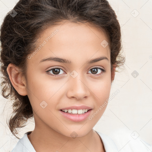 Joyful white child female with medium  brown hair and brown eyes