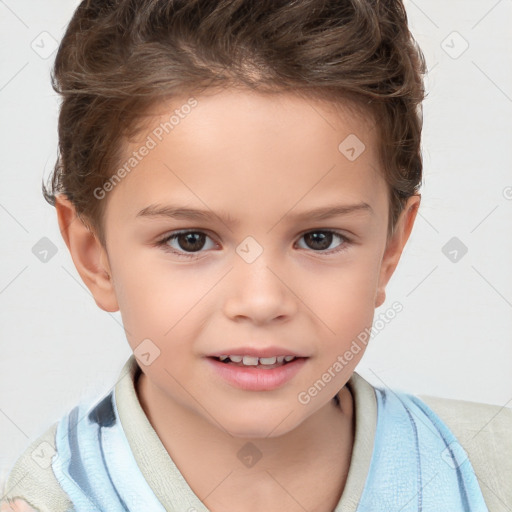 Joyful white child female with short  brown hair and brown eyes