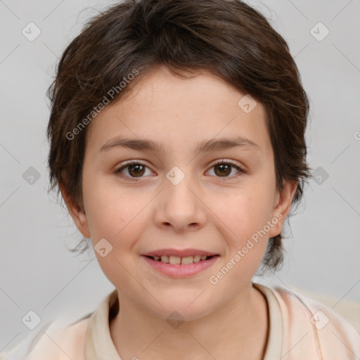 Joyful white child female with medium  brown hair and brown eyes