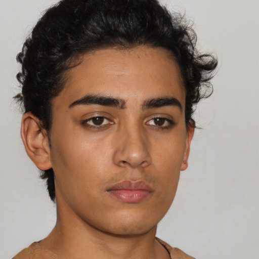 Neutral latino young-adult female with short  black hair and brown eyes
