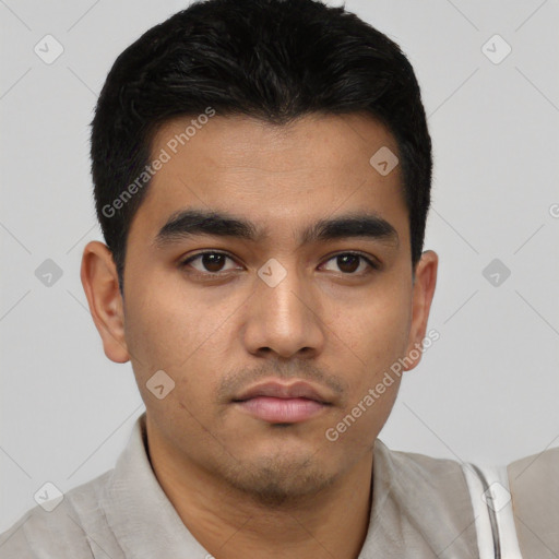 Neutral latino young-adult male with short  black hair and brown eyes