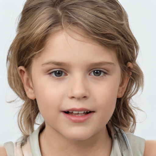 Joyful white child female with medium  brown hair and brown eyes