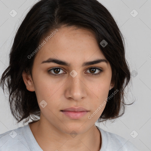 Neutral white young-adult female with medium  brown hair and brown eyes