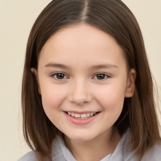 Joyful white child female with medium  brown hair and brown eyes