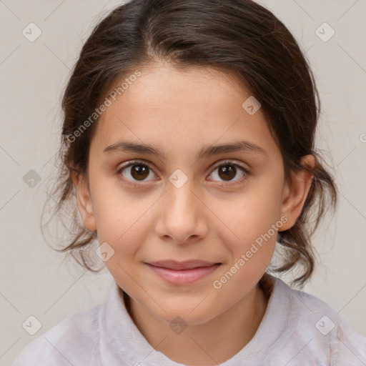 Joyful white child female with medium  brown hair and brown eyes