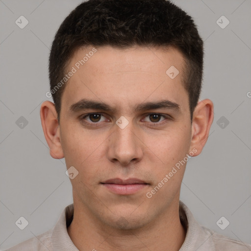 Neutral white young-adult male with short  brown hair and brown eyes