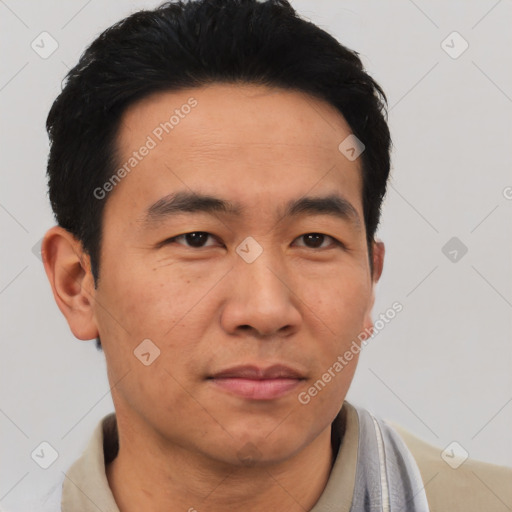 Joyful asian adult male with short  black hair and brown eyes