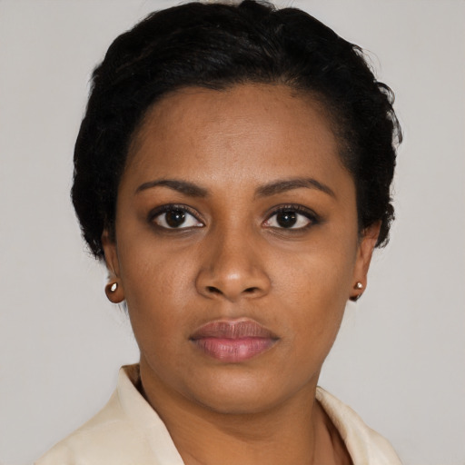 Neutral latino young-adult female with short  black hair and brown eyes