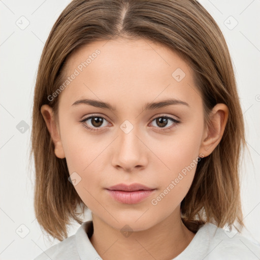 Neutral white young-adult female with medium  brown hair and brown eyes