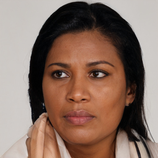 Joyful black young-adult female with medium  black hair and brown eyes