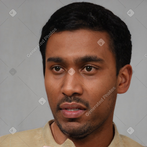 Neutral latino young-adult male with short  black hair and brown eyes