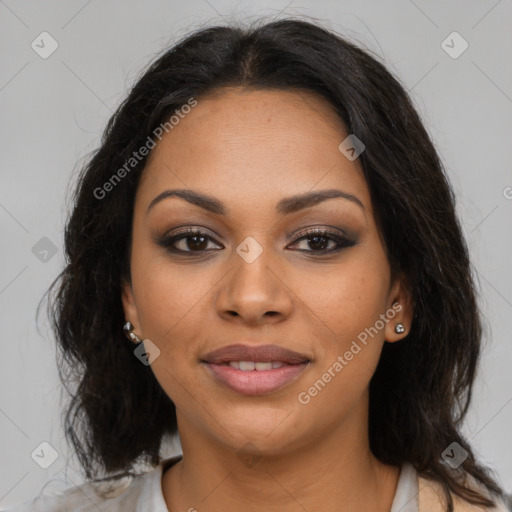 Joyful latino young-adult female with medium  brown hair and brown eyes