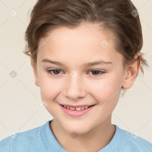 Joyful white child female with short  brown hair and brown eyes