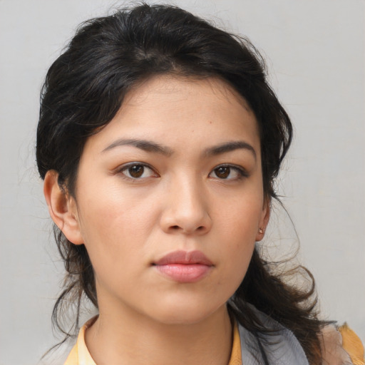 Neutral asian young-adult female with medium  brown hair and brown eyes