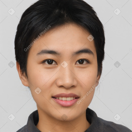 Joyful asian young-adult female with medium  black hair and brown eyes