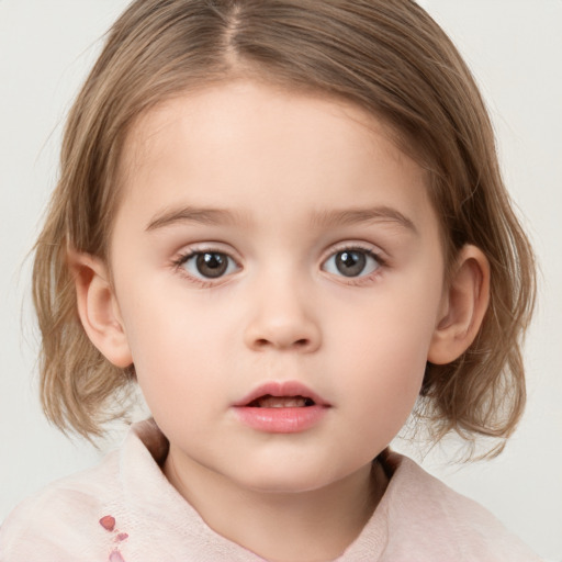 Neutral white child female with medium  brown hair and grey eyes