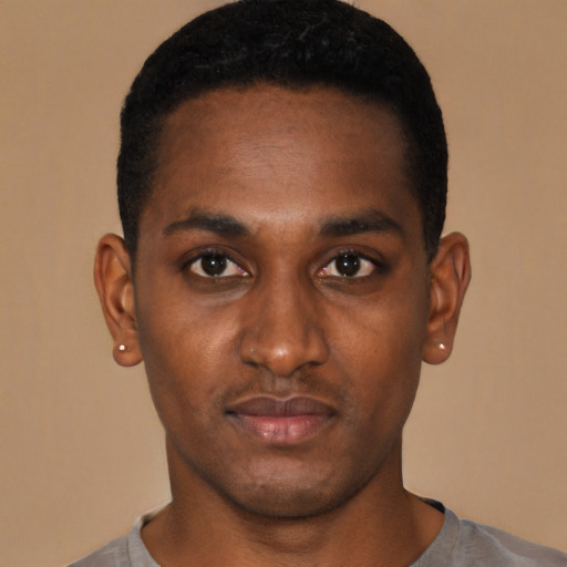 Neutral black young-adult male with short  black hair and brown eyes