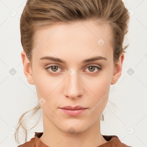 Neutral white young-adult female with short  brown hair and brown eyes