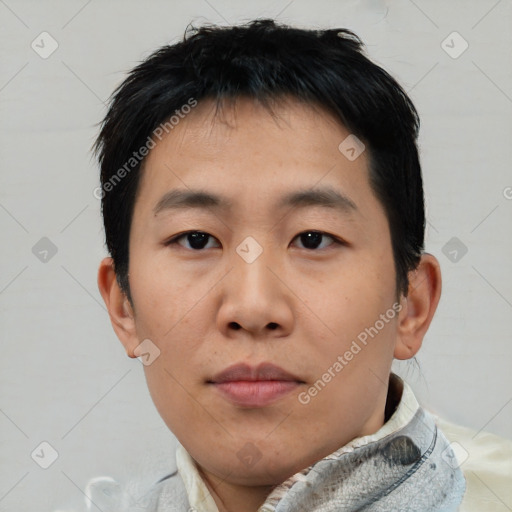 Neutral asian young-adult male with short  black hair and brown eyes