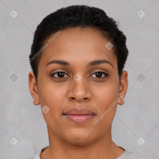 Joyful latino young-adult female with short  brown hair and brown eyes