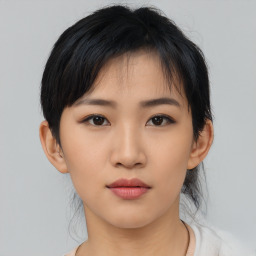 Neutral asian young-adult female with medium  black hair and brown eyes