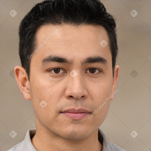 Neutral asian young-adult male with short  brown hair and brown eyes