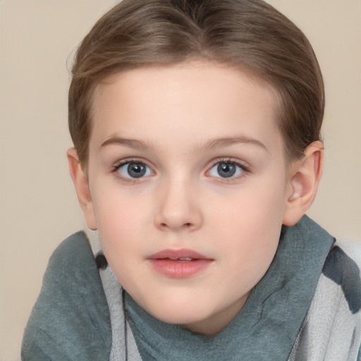 Neutral white child female with medium  brown hair and blue eyes