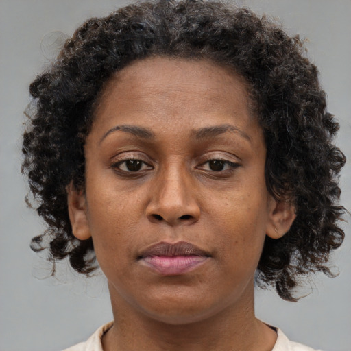 Neutral black adult female with medium  brown hair and brown eyes