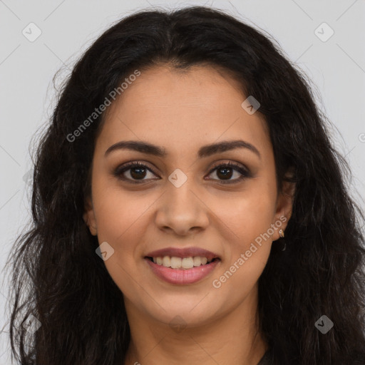 Joyful latino young-adult female with long  brown hair and brown eyes