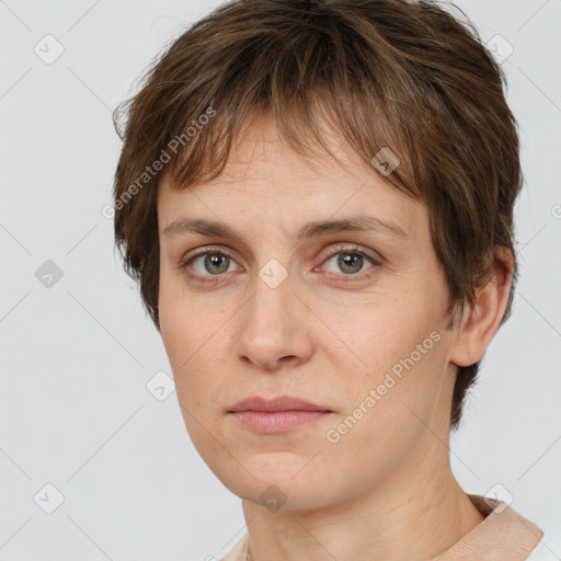 Neutral white young-adult female with short  brown hair and brown eyes