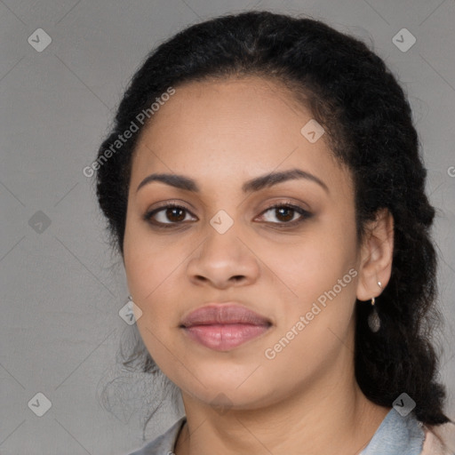 Joyful latino young-adult female with long  black hair and brown eyes