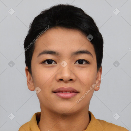 Joyful asian young-adult female with short  black hair and brown eyes