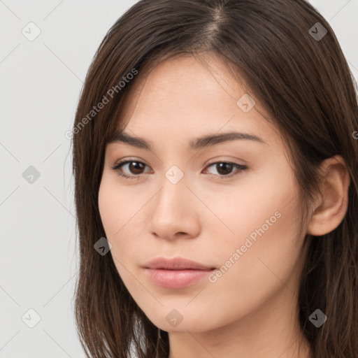 Neutral white young-adult female with long  brown hair and brown eyes