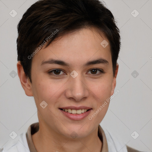 Joyful white young-adult female with short  brown hair and brown eyes