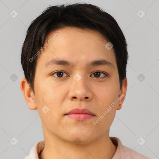 Neutral asian young-adult male with short  brown hair and brown eyes