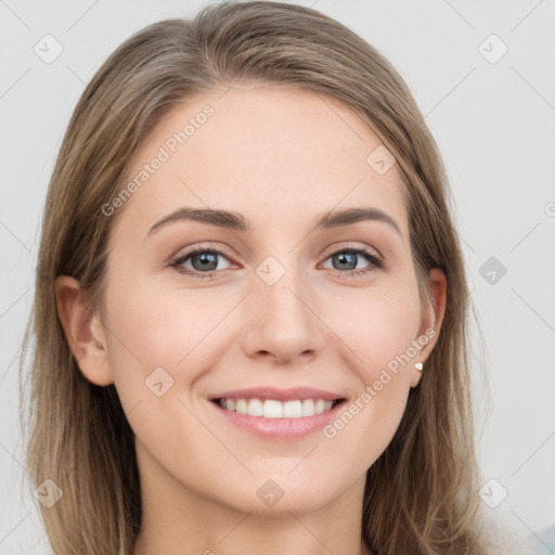 Joyful white young-adult female with long  brown hair and grey eyes