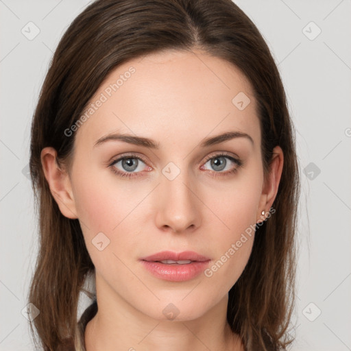 Neutral white young-adult female with long  brown hair and grey eyes