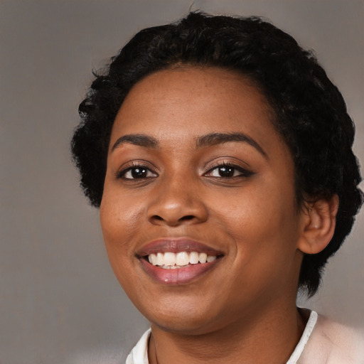 Joyful black young-adult female with short  black hair and brown eyes