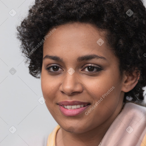 Joyful latino young-adult female with short  brown hair and brown eyes