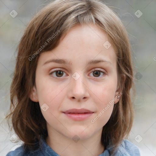 Joyful white child female with medium  brown hair and grey eyes