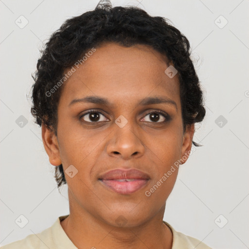 Joyful black young-adult female with short  brown hair and brown eyes