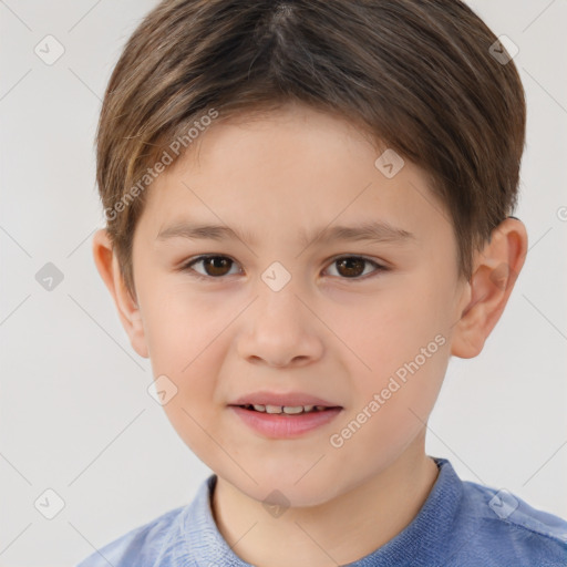 Joyful white child male with short  brown hair and brown eyes