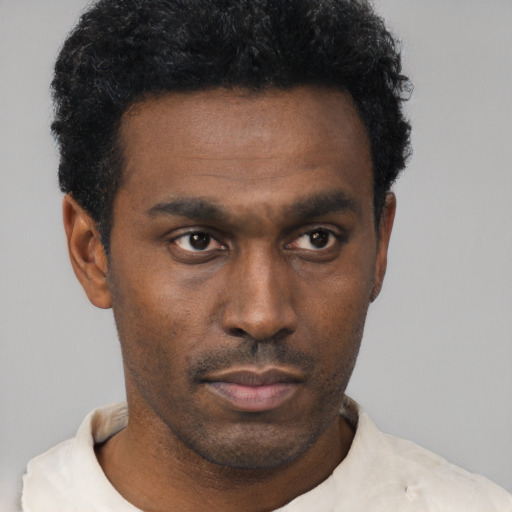 Neutral black young-adult male with short  black hair and brown eyes