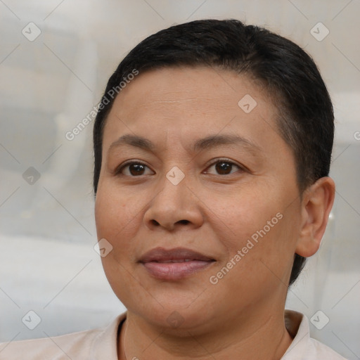 Joyful white adult female with short  brown hair and brown eyes